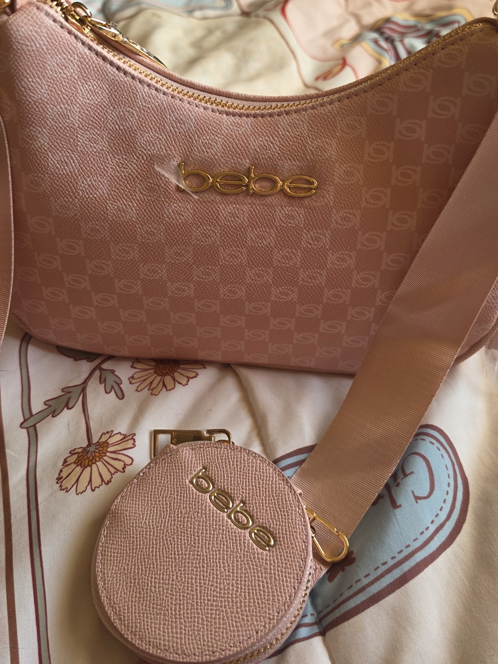 bebe Pink Shoulder Bag with Coin Pouch and Gold Hardware